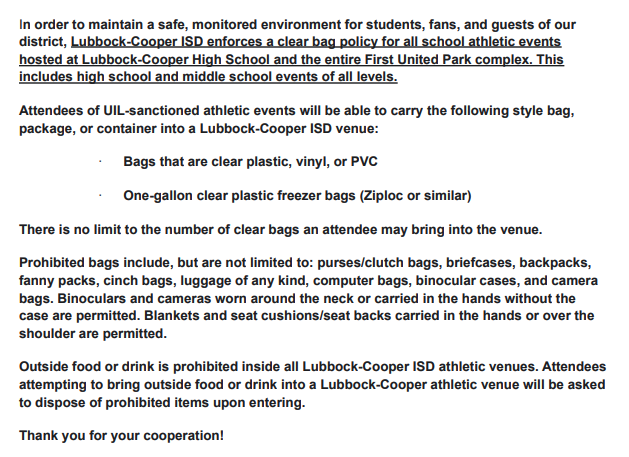 Lubbock Isd Clear Bag Policy